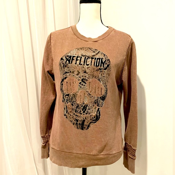 Affliction Tops - AFFLICTION vintage wash skull cut out eyes pullover womens size small